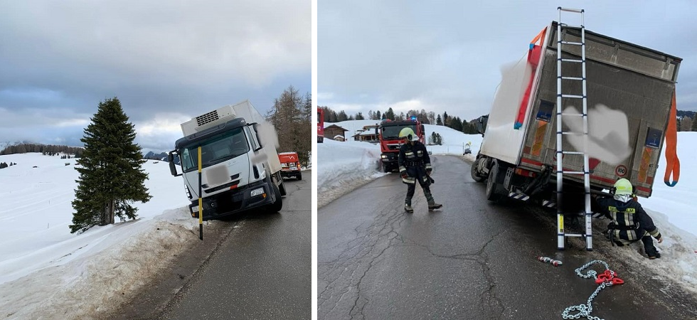 Perde il controllo del camion e finisce nella neve, rimanendo intrappolato e in bilico: salvato dai vigili del fuoco